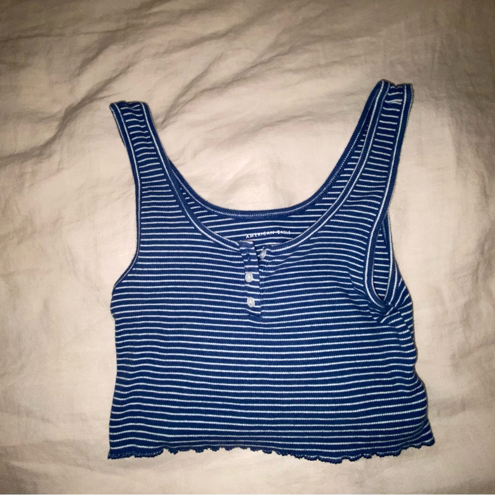 Blue and white striped American Eagle cropped tank top